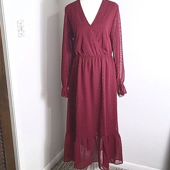BTFBM Burgundy Dotted Swiss Maxi-Dress with Ruffled Hemline, Size Medium - Picture 1 of 11